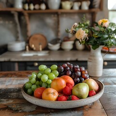 Poster - AI generated illustration of a bowl of assorted fruits on a kitchen counter