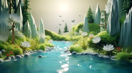 Wall Mural - Fantasy landscape with a pond, trees and flowers. 3d render