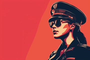Stylish military woman in aviator sunglasses illustration with a bold and vibrant red background. Showcasing a confident and trendy female soldier in a modern and stylish uniform