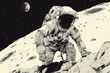Detailed black and white illustration of an astronaut exploring the lunar surface in a space suit during a low gravity moonwalk mission. Surrounded by craters and rocks