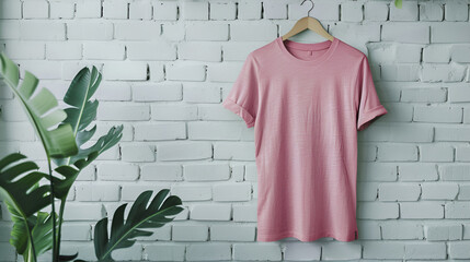 Wall Mural - Pink t-shirt with short sleeves isolated on hanger, Top view pink color T-Shirt on grey background, Pink shirt dress on hanging isolated, Pink t-shirt on a wooden hanger isolated over white background