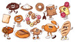 Groovy bread cartoon characters and bakery stickers set. Funny retro wheat and rye bread, flour bag, loaf and toast, breakfast rings. Cartoon mascots collection of 70s 80s style vector illustration