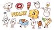 Groovy cartoon dairy characters and stickers set. Funny retro cheese slice and typography badge, milk bottle and glass, ice cream. Cartoon dairy mascots collection of 70s 80s style vector illustration