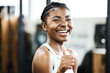 Exercise, thumbs up and portrait of black woman in gym for fitness, performance training or successful workout. Athlete, hand gesture and female person for achievement, satisfaction or motivation