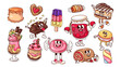 Groovy sweets cartoon characters and stickers set. Funny retro sweet food for confectionery and cafe menu collection, cute birthday treats cartoon mascots of 70s 80s style vector illustration
