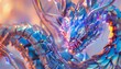 A highly detailed 3D rendering of a iridescent dragon with blue and purple scales and a hint of pink. The dragon is in a coiled position and is looking at the viewer.