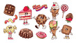 Groovy sweets cartoon characters and stickers set. Funny retro happy square and circle cookies, ice cream and donut, lollipop. Cartoon confectionery sweets mascots of 70s 80s style vector illustration