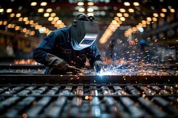Poster - Man welds metal works in factory, hyper realistic photo