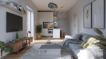 Comfortable living room, modern classic Scandinavian style house interior, with comfortable sofa couch chair, mock up decoration with poster frames on the wall.. Natural light from the window.