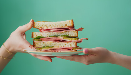 Wall Mural - Female hand holding plate with delicious ham sandwich on green background