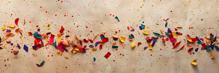 Poster - top view of a beige smooth floor with colorful paper confetti scattered on the floor leaving an empty area in the center, red and purple lighting