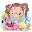 Girl with ball, flamingo inflatable and cute crab on the beach