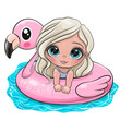 Cartoon Girl swimming on pool ring inflatable flamingo