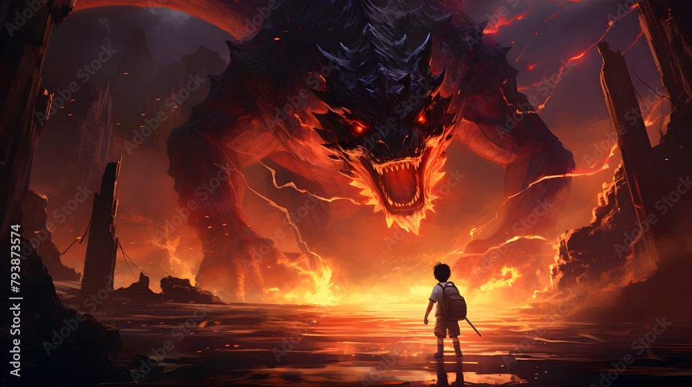 A solitary figure stands defiant in the face of an enormous lava dragon ...