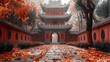 A Chinese Buddhist temple with traditional architecture, leaves, red walls. Generative AI.