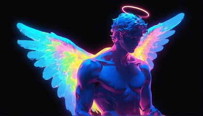 Wall Mural - blue neon light glowing male angel statue on plain black background from Generative AI