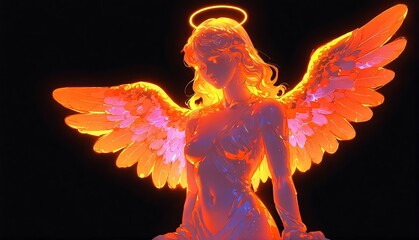 Wall Mural - orange neon light glowing female angel statue on plain black background from Generative AI