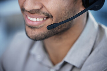 Poster - Call center, man and smile with headphones in office for customer service, consulting or telemarketing. Salesman, happy and technology with job for help desk, sales support and advisory at work