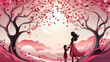 Mother and daughter in a whimsical pink heart-shaped treescape.   Generative ai.