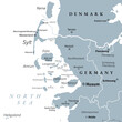 Nordfriesland, or North Frisia, gray political map. Northernmost district of Germany, part of Schleswig-Holstein, with capital Husum and five large islands Sylt, Foehr, Amrum, Pellworm and Nordstrand.