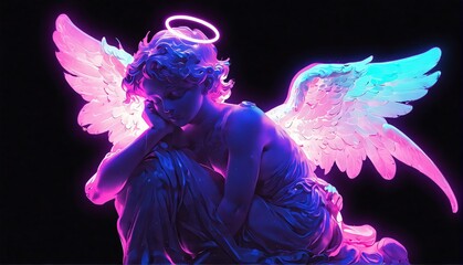 Wall Mural - purple neon light glowing cherub angel statue on plain black background from Generative AI