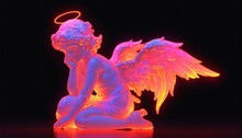 Red Neon Light Glowing Cherub Angel Statue On Plain Black Background From Generative AI