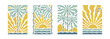 Boho groovy palm tree beach sun sea. Surf club vacation and sunny summer day aesthetic. Vector illustration background in trendy retro naive simple style. Pastel yellow blue braun colors.