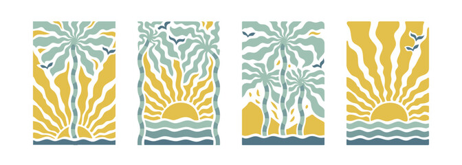 Wall Mural - Boho groovy palm tree beach sun sea. Surf club vacation and sunny summer day aesthetic. Vector illustration background in trendy retro naive simple style. Pastel yellow blue braun colors.