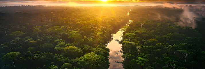 Amazon Aerial Symphony: A Mesmerizing Sunset Over the Vast Amazon Rainforest,