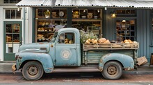 Vintage Delivery Truck Carrying Bread And Pastries Outside Quaint Bakery Storefront