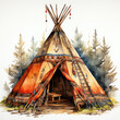 Watercolor Native American Tent Illustration, Generative Ai