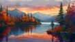 A serene lakeside scene with calm waters reflecting the surrounding trees and mountains, framed by colorful autumn foliage and bathed in the soft light of sunset, offering a moment of tranquility and 