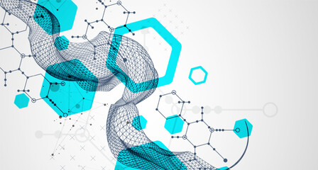 Scientific and technological background. Wireframe wave with hexagons of different types on a gray gradient.