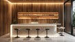 © visoot - Minimalist bar counter, white leather and black metal barstools, wood panels on the walls, linear lights in different sizes, soft lighting, clean lines, sleek design. Generative AI.