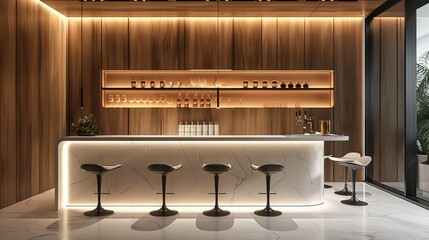 Leinwandbilder - Minimalist bar counter, white leather and black metal barstools, wood panels on the walls, linear lights in different sizes, soft lighting, clean lines, sleek design. Generative AI.