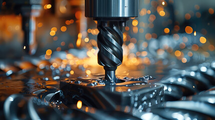 Poster - A detailed close-up of a drill bit boring into a piece of metal, the precision and power of the machine. Generative AI.