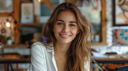 Aufkleber - Smiling entrepreneur in front of her computer with a web page in development. Generative AI.