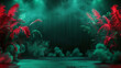 Empty burlesque stage with green curtains and red feathers decor. Copy space. Generative AI