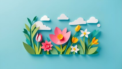 Wall Mural - background of spring flowers on blue background, paper cut 