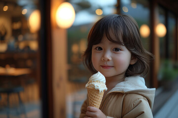 Little Asian girl eating ice cream in cafe