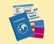 on a travel. a blue passport, ticket, vacation visa. white vector. money 