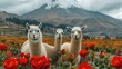 Three white llamas in field, with the snow-capped volcano in the background, surrounded by classic red roses. Generative AI.