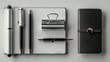 A minimalist set of essential office items including a silver stapler, black pens, and a closed notebook, showcased on a pure white background. Generative AI.