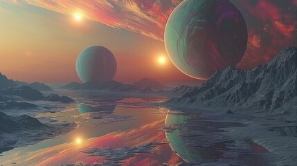 Poster - A beautiful view of two alien earth like moons around a colorful gas giant. Generative AI.