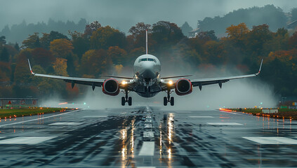 Wall Mural - Airplane taking off from the wet runway in the rain