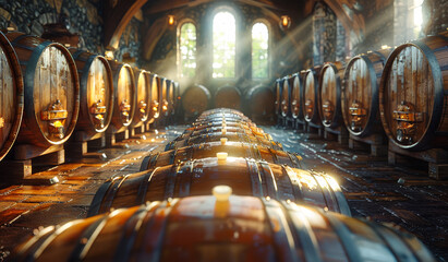 Wine barrels stacked in the old cellar of the winery