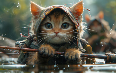 Wall Mural - Kitten is standing in the rain with stick