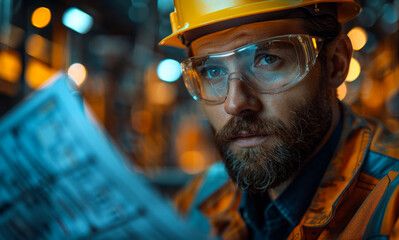 Wall Mural - Portrait of handsome engineer in protective glasses and helmet in industrial environment oil Platform or liquefied gas plant