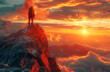 Man stands on rocky peak and admires the sunset in the mountains. Active life concept