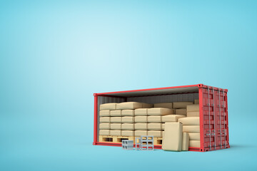 Poster - 3d rendering of red shipping container filled with packs, bricks and wooden pallets on blue backgrou